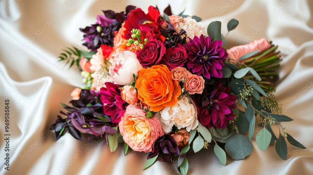 A bridal bouquet with a mix of bright red, orange, and pink flowers, complemented by dark green foliage, lying on a satin cloth. A bridal bouquet with a mix of bright red, orange, and pink flowers, complemented by dark green foliage, lying on a satin cloth.