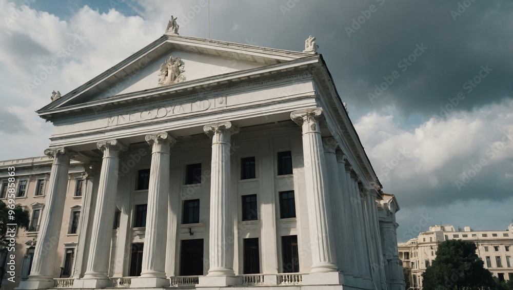 White neoclassical building with tall columns rises against a soft, cloudy backdrop. White neoclassical building with tall columns rises against a soft, cloudy backdrop.