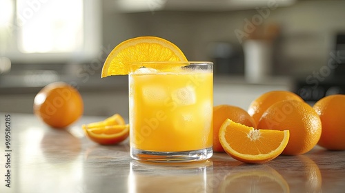 A chilled glass of orange juice with orange slices resting on the rim, surrounded by fresh oranges on a kitchen counter. photo