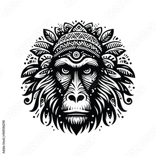 baboon monkey in bohemian black and white silhouette illustration -