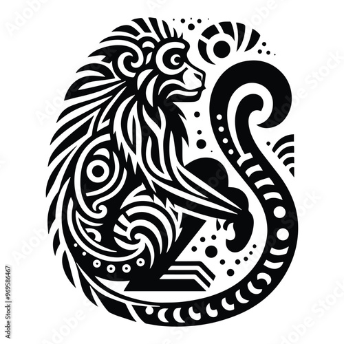 baboon monkey in folk art black and white silhouette illustration -
