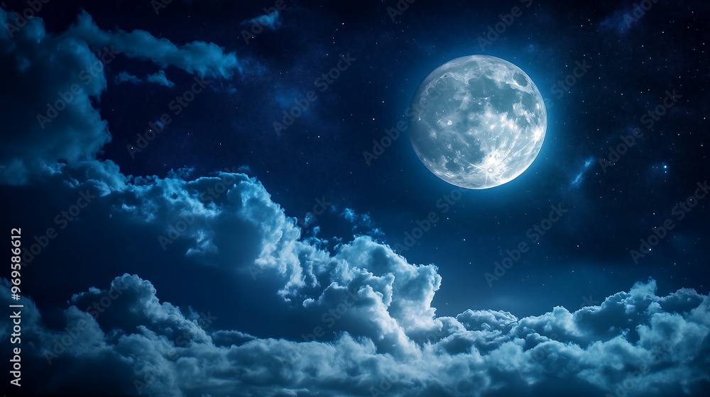 The moon in the night sky. The moon should be glowing brightly, surrounded by a few stars and clouds, creating a peaceful and mystical atmosphere. The moon in the night sky. The moon should be glowing brightly, surrounded by a few stars and clouds, creating a peaceful and mystical atmosphere.