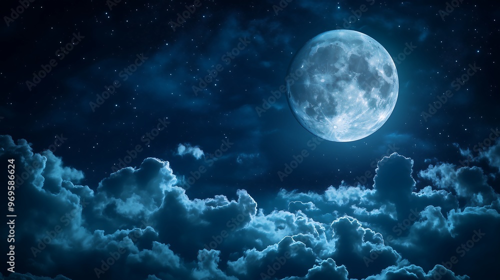 The moon in the night sky. The moon should be glowing brightly, surrounded by a few stars and clouds, creating a peaceful and mystical atmosphere. The moon in the night sky. The moon should be glowing brightly, surrounded by a few stars and clouds, creating a peaceful and mystical atmosphere.