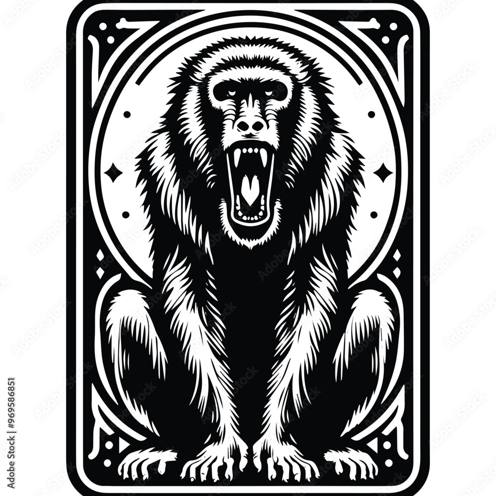 baboon monkey in Tarot card black and white silhouette illustration - baboon monkey in Tarot card black and white silhouette illustration -