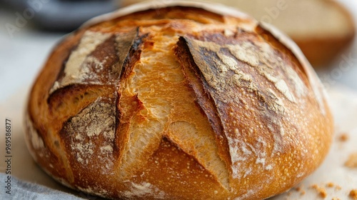 A close-up of a freshly baked rustic sourdough loaf, with a golden, crispy crust and cracks revealing the soft interior.