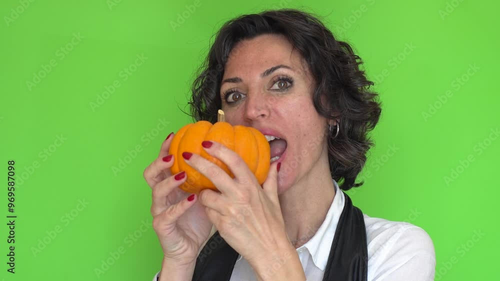 Cheerful, mid age woman poisng with small halloween pumpkin in front of green box background. Cheerful, mid age woman poisng with small halloween pumpkin in front of green box background.