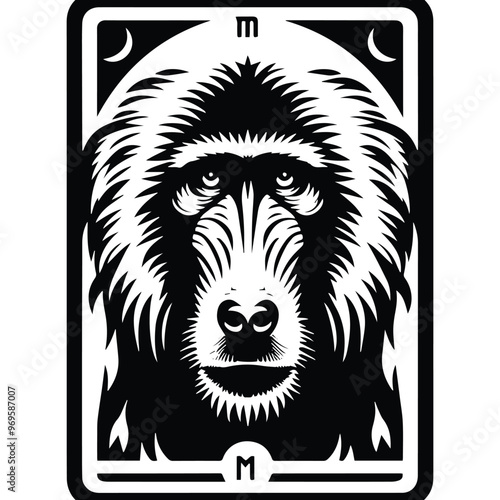 baboon monkey in Tarot card black and white silhouette illustration -