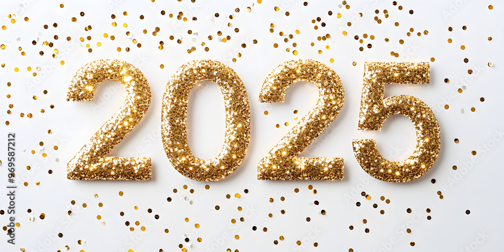 Happy New Year 2025 greeting card element on white background. Festive Christmas design. Gold numbers with realistic glitter texture Happy New Year 2025 greeting card element on white background. Festive Christmas design. Gold numbers with realistic glitter texture