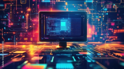 illustration of a computer screen displaying an educational software interface with AI-driven learning modules, set against a bright, tech-themed background.