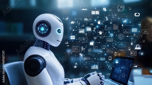 Futuristic AI Tutor Engaging Students on Digital Platform with Educational Tools Icons in Clean Environment, Copy Space Available