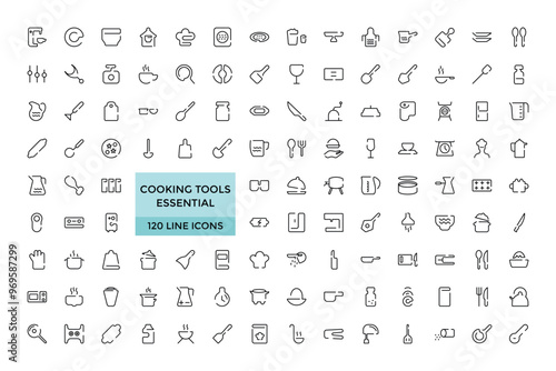 Cooking tools isolated icons set. Set of kitchen essentials, cutlery, dishes, plates, baking sheet, paper mill, cheese slicer, Editable stroke, Thin line icon pack, vector illustration.