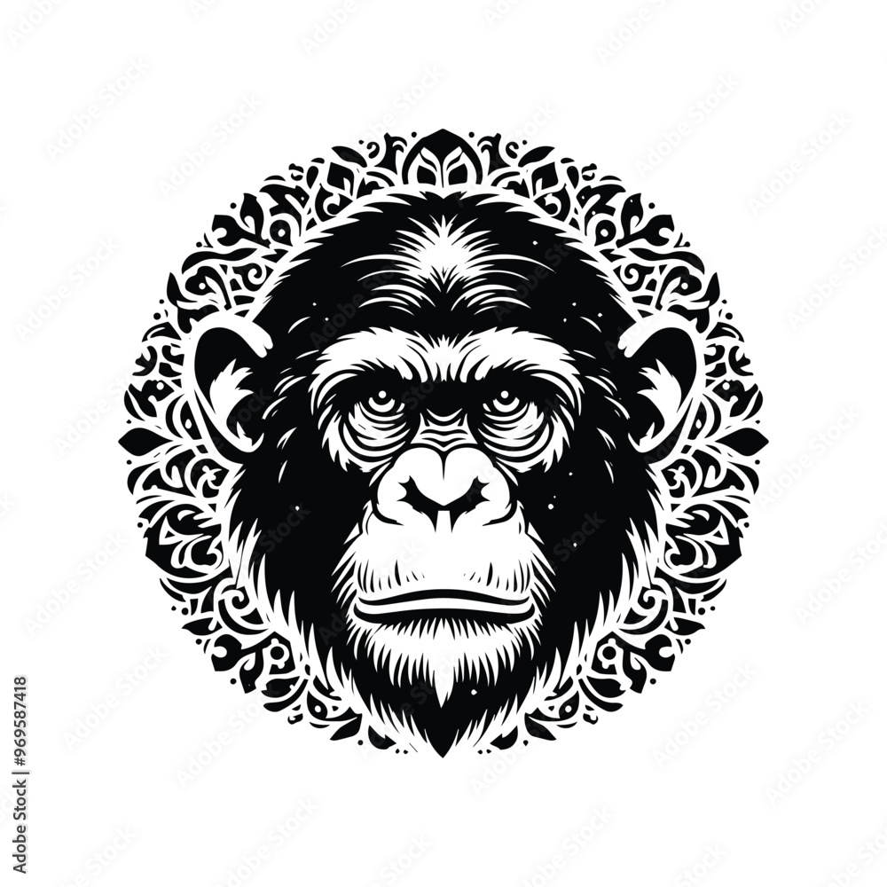 Chimpanzee monkey in bohemian black and white silhouette illustration - Chimpanzee monkey in bohemian black and white silhouette illustration -