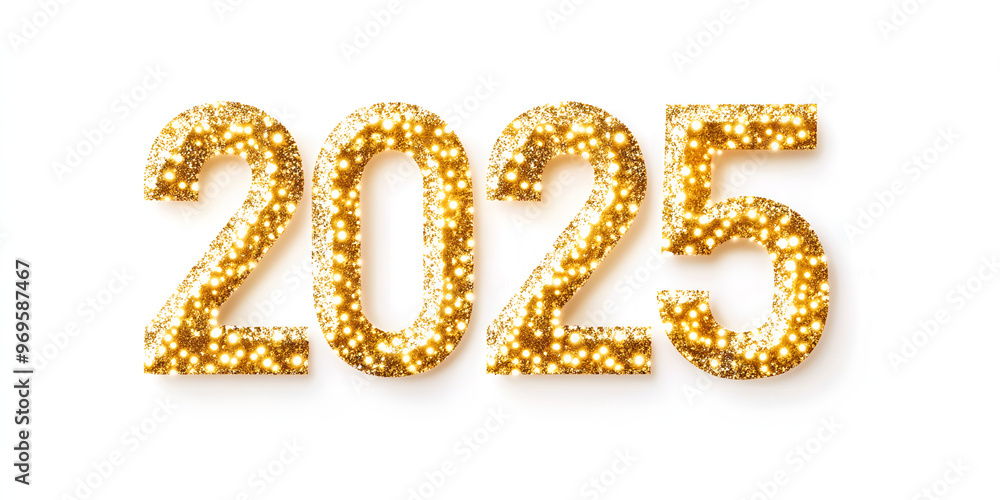 Happy New Year 2025 greeting card element on white background. Festive Christmas design. Gold numbers with realistic glitter texture