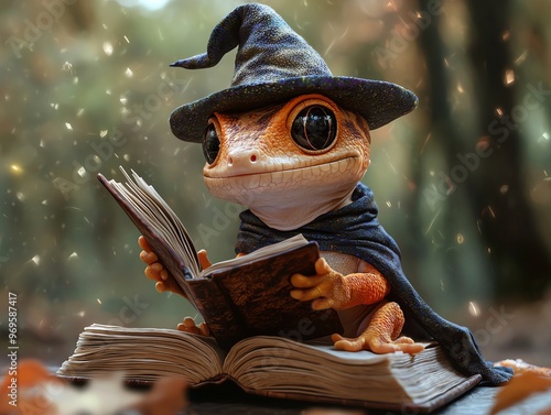 Gecko dressed as a wizard with a tiny pointy hat, standing on a spellbook, wizard gecko, magical reptile photo