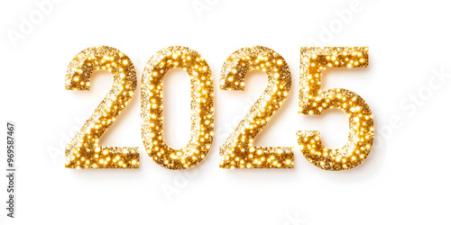 Obraz na płótnie Happy New Year 2025 greeting card element on white background. Festive Christmas design. Gold numbers with realistic glitter texture w salonie