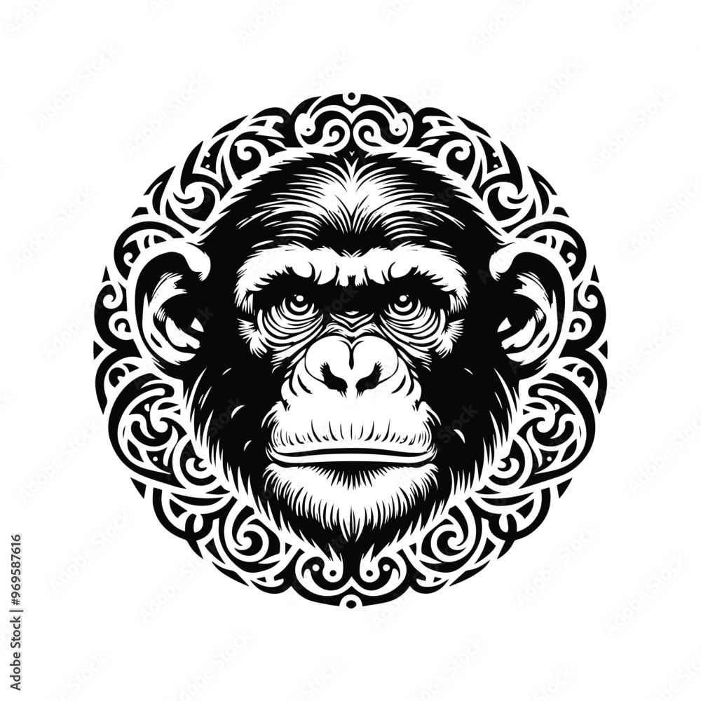 Chimpanzee monkey in bohemian black and white silhouette illustration - Chimpanzee monkey in bohemian black and white silhouette illustration -