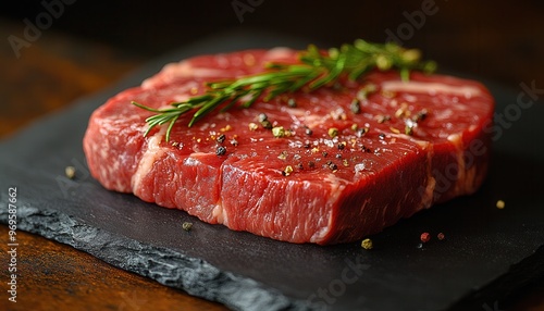 Fresh raw steak with herbs and spices, perfect for grilling or culinary presentations.