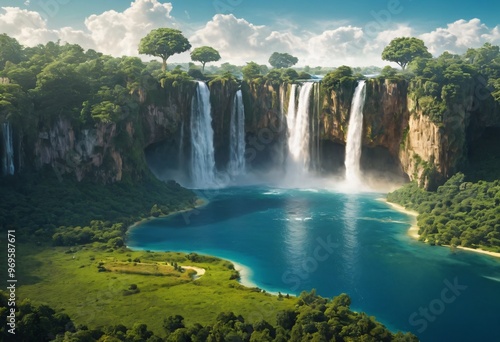 Amazing fantasy scenery with floating islands, water fall and field on space. Ai generated image