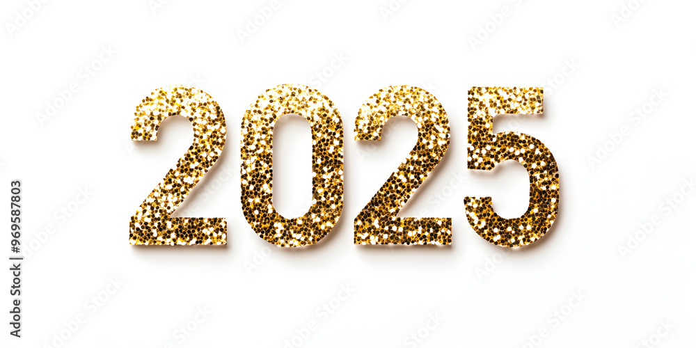 Happy New Year 2025 greeting card element on white background. Festive Christmas design. Gold numbers with realistic glitter texture Happy New Year 2025 greeting card element on white background. Festive Christmas design. Gold numbers with realistic glitter texture