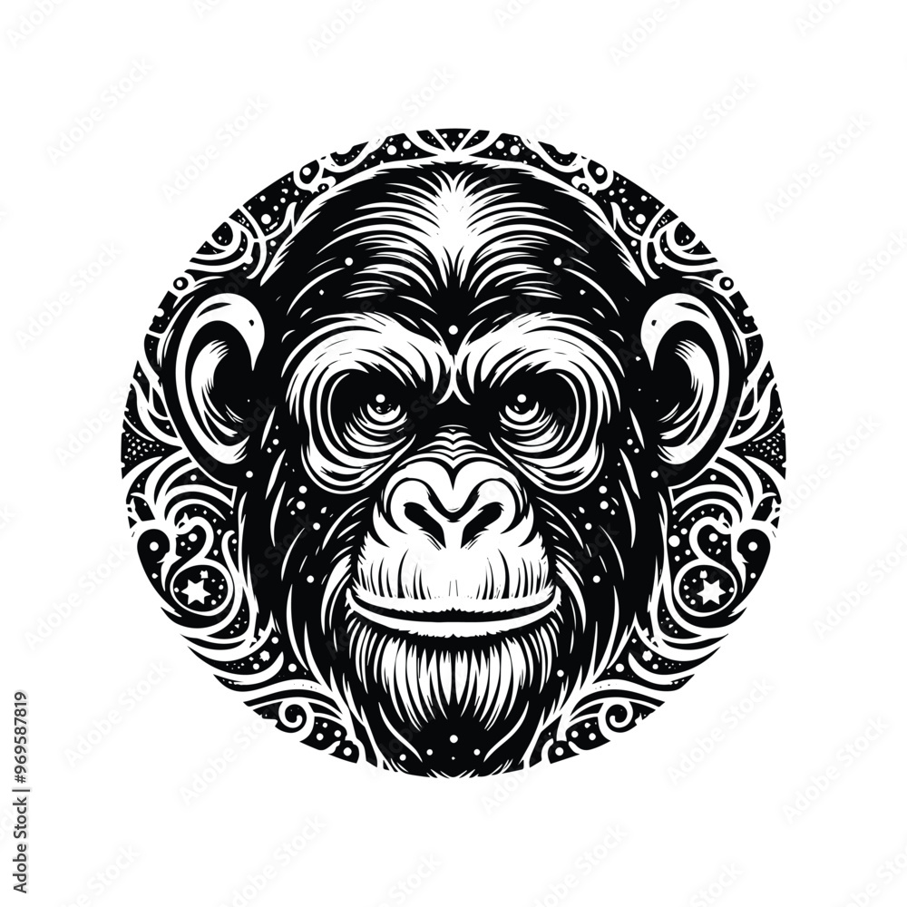 Chimpanzee monkey in bohemian black and white silhouette illustration - Chimpanzee monkey in bohemian black and white silhouette illustration -
