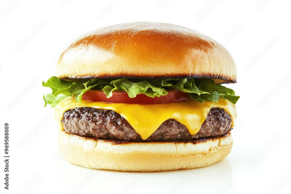 Close - up of a juicy cheeseburger with dripping cheese and toppings, isolated on a white background Close - up of a juicy cheeseburger with dripping cheese and toppings, isolated on a white background