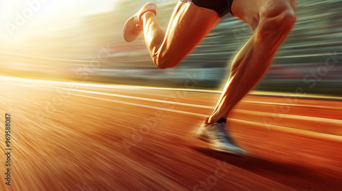 close-up of a sprinter’s legs in motion on a running track, with dynamic motion blur emphasizing speed and power.