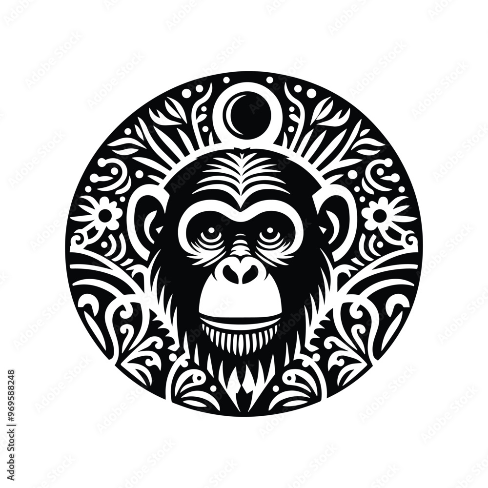Chimpanzee monkey in folk art black and white silhouette illustration - Chimpanzee monkey in folk art black and white silhouette illustration -