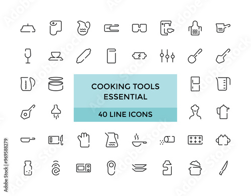 Cooking tools isolated icons set. Set of kitchen essentials, cutlery, dishes, plates, baking sheet, paper mill, cheese slicer, Editable stroke, Thin line icon pack, vector illustration.