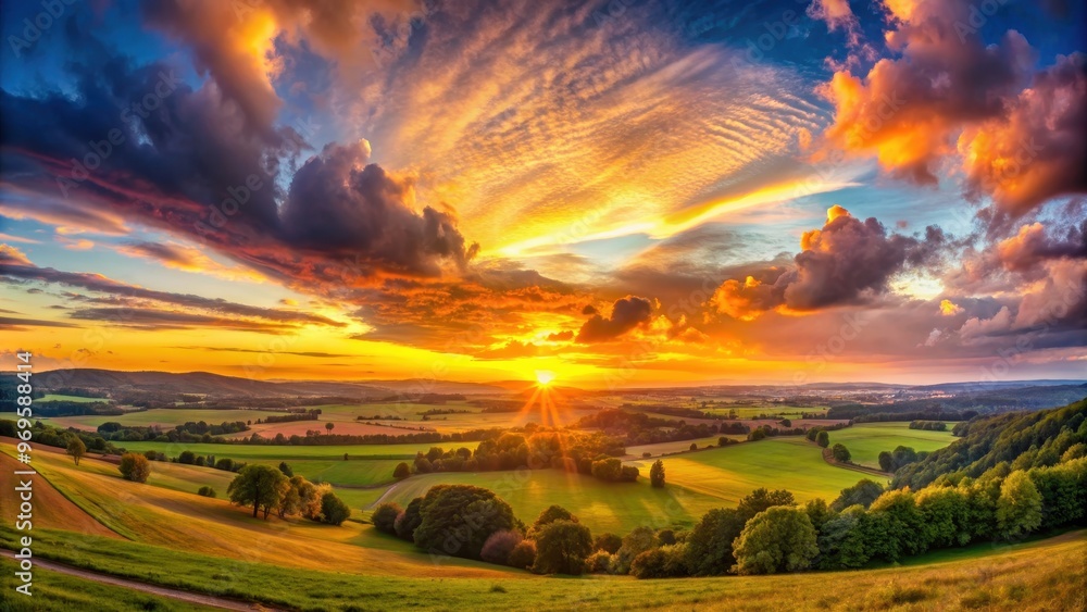 Fototapeta premium Panoramic view of a stunning sunset over the landscape, sunset, scenery, horizon, panoramic, dusk, orange sky