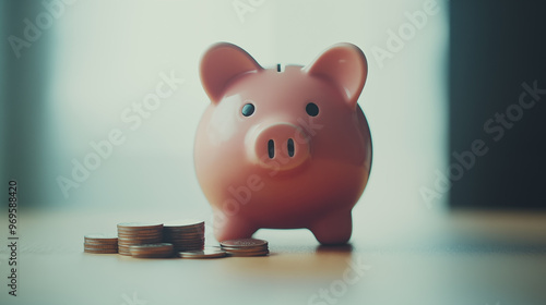 pink piggy bank placed on a table with a small stack of coins beside it.