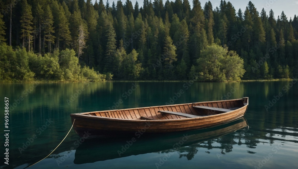 Wooden rowboat on a clear lake, surrounded by trees. Wooden rowboat on a clear lake, surrounded by trees.
