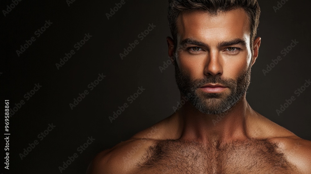 The man stands with a strong presence, half of his chest exposed, highlighting his muscular build. The dark background enhances his features, creating a dramatic effect The man stands with a strong presence, half of his chest exposed, highlighting his muscular build. The dark background enhances his features, creating a dramatic effect