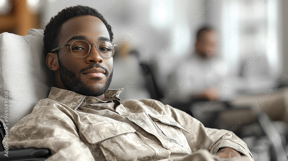 Naklejka premium A young Black man in military uniform sitting in a chair.