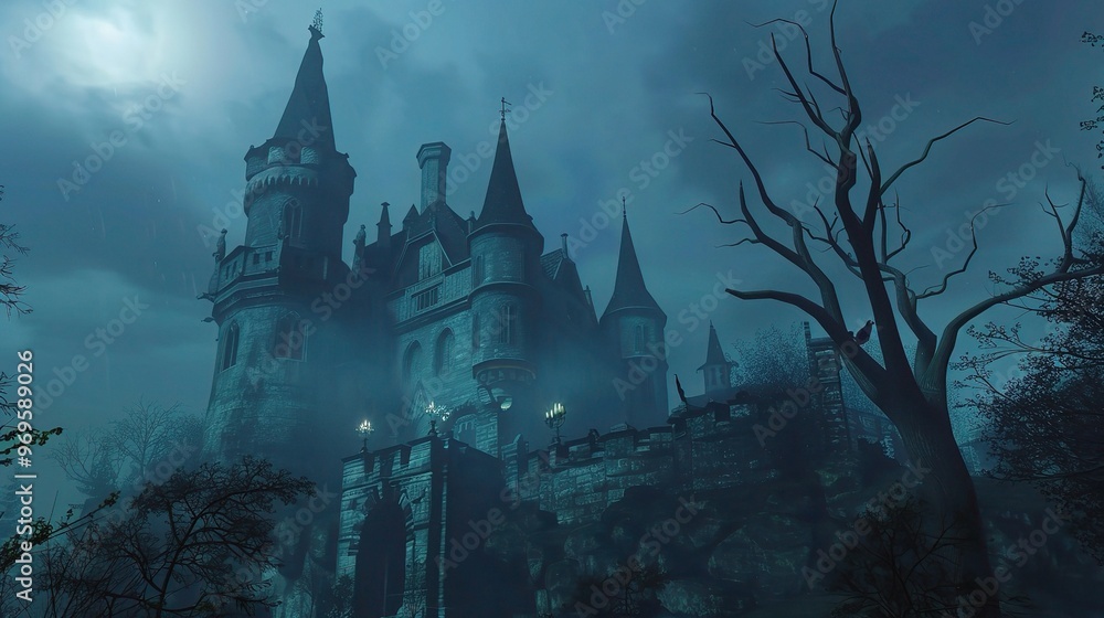A spooky Halloween castle stands majestically in the background. The castle has tall, dark towers that reach towards the sky A spooky Halloween castle stands majestically in the background. The castle has tall, dark towers that reach towards the sky