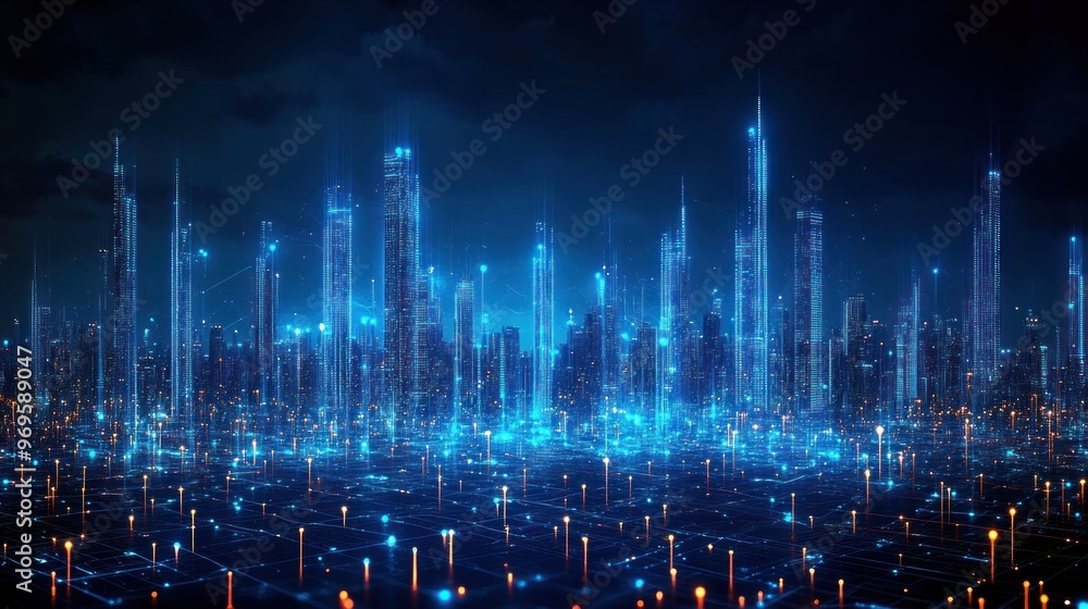 Fototapeta premium Futuristic Cityscape Illuminated by Digital Networks
