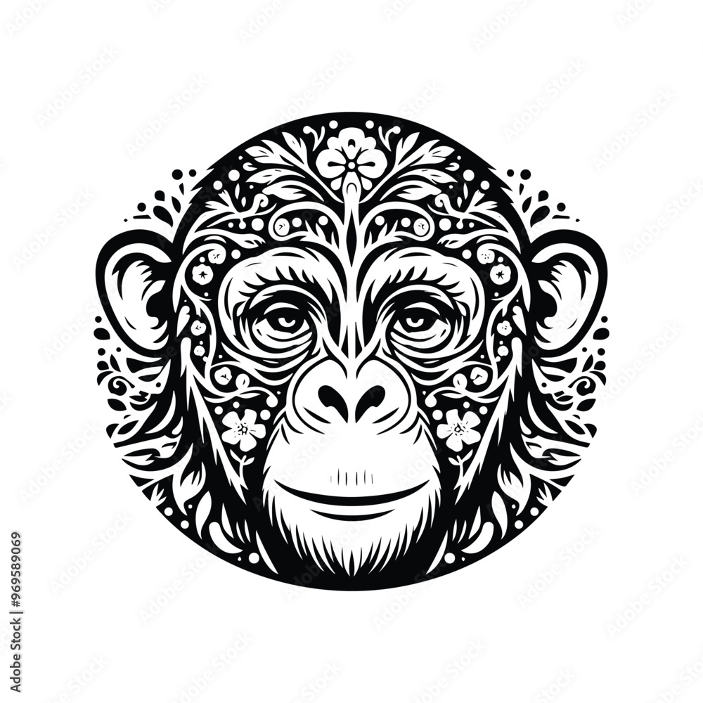 Chimpanzee monkey in folk art black and white silhouette illustration - Chimpanzee monkey in folk art black and white silhouette illustration -