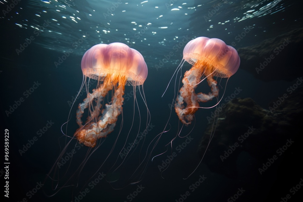 2 jellyfish in the ocean animal invertebrate zooplankton. 2 jellyfish in the ocean animal invertebrate zooplankton.