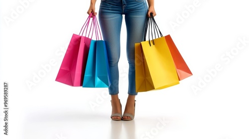 Plenty of shopping bags. A woman, carry a crazy shopaholic, with colorful paper shopping bags on a white isolated background.
