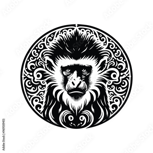Colobus monkey in bohemian black and white silhouette illustration -