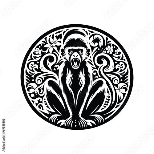 Colobus monkey in folk art black and white silhouette illustration -