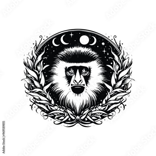 Colobus monkey in bohemian black and white silhouette illustration -