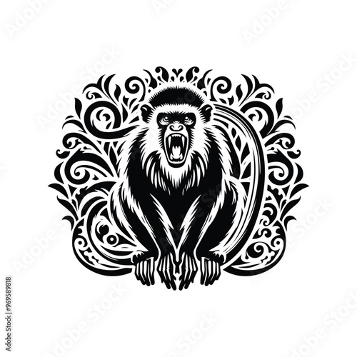 Colobus monkey in folk art black and white silhouette illustration -