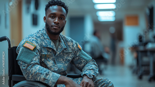 A young African-American soldier in a wheelchair looks directly at the camera.