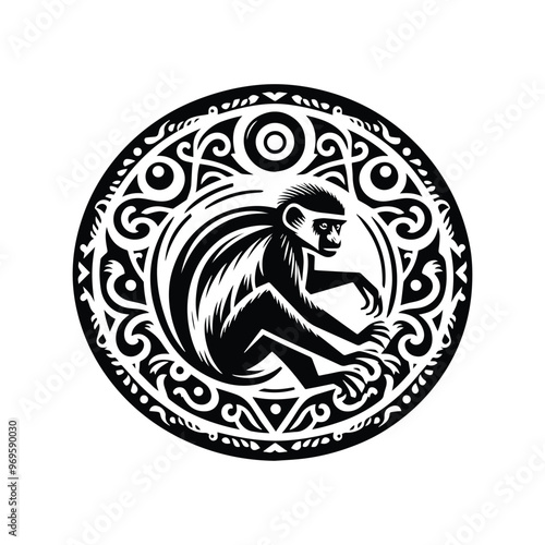 Colobus monkey in folk art black and white silhouette illustration -
