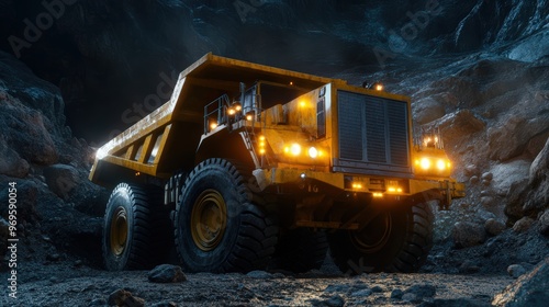 Dump truck with snow on the road at night. Industrial setting