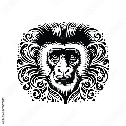 Colobus monkey in folk art black and white silhouette illustration -