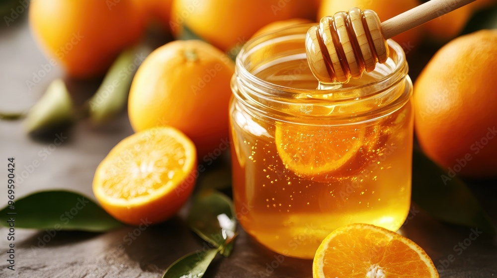 A glass jar of golden honey with a honey dipper resting on the rim, surrounded by whole oranges and orange leaves. A glass jar of golden honey with a honey dipper resting on the rim, surrounded by whole oranges and orange leaves.