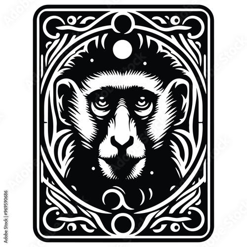 Colobus monkey in Tarot card black and white silhouette illustration -