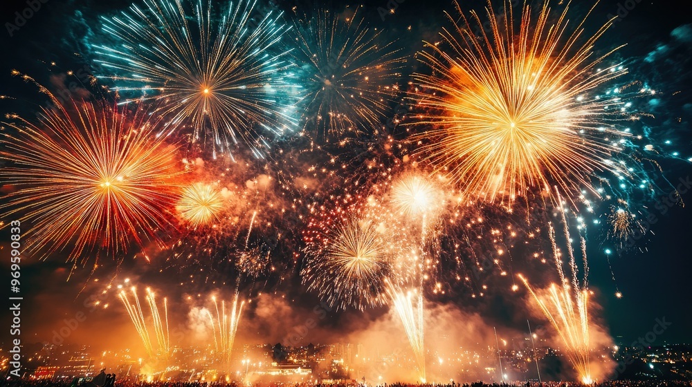 Fototapeta premium A grand firework finale, with multiple explosions of color lighting up the entire night sky over a crowded festival.