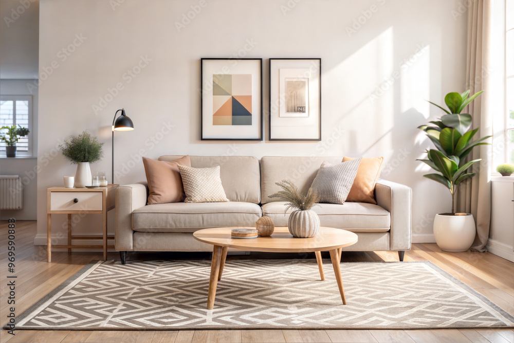 Fototapeta premium Contemporary Living Room Design, A Chic Space with Minimalist Furniture, Geometric Patterns, and Lush Greenery, Ideal for Relaxation and Modern Home Inspiration.